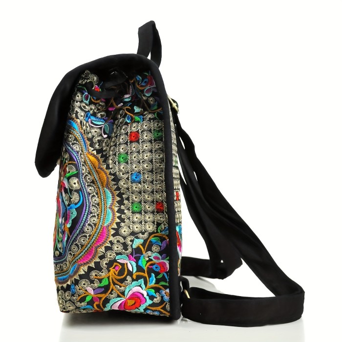 Stylish Floral Embroidered Backpack, Women's Trendy Canvas Bookbag, Fashion Flap Travel Backpack