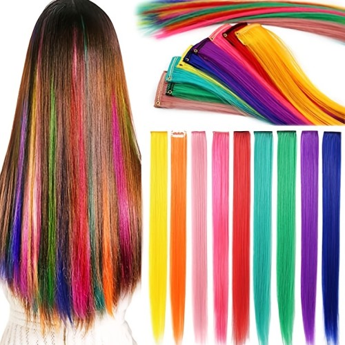 9 pcs Multicolored Clip-In Hair Extensions for Women - Perfect for Parties, Cosplay, and Y2K Style Highlights - Includes 9 Pieces of High-Quality Hair Accessories Hair Accessories