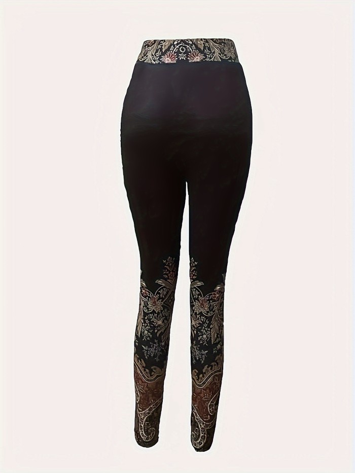 Ethnic Floral Print Skinny Leggings, Casual High Waist Stretchy Leggings, Women's Clothing