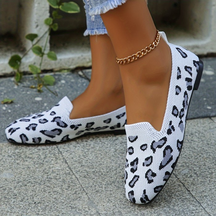 Women's Leopard Pattern Flat Shoes, Breathable Knit Slip On Shoes, Lightweight & Comfortable Shoes