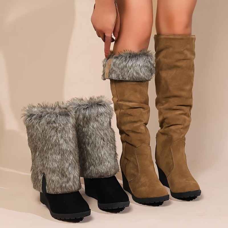 Women's Fluffy Furry Knee High Boots, Winter Warm Wedge Long Boots, Thermal Pull On Suedette Boots