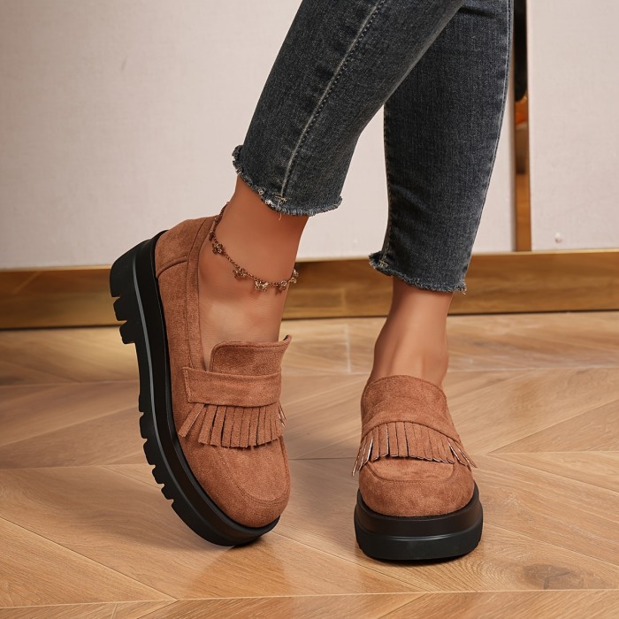 Women's Tassel Decor Platform Loafers, Fashion Solid Color Slip On Shoes, Women's Comfortable Shoes
