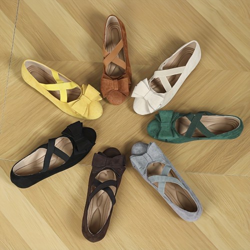 Women's Bowknot Ballet Flats, Solid Color Elastic Crisscross Strap Shoes, Comfy Suedette Slip On Flats