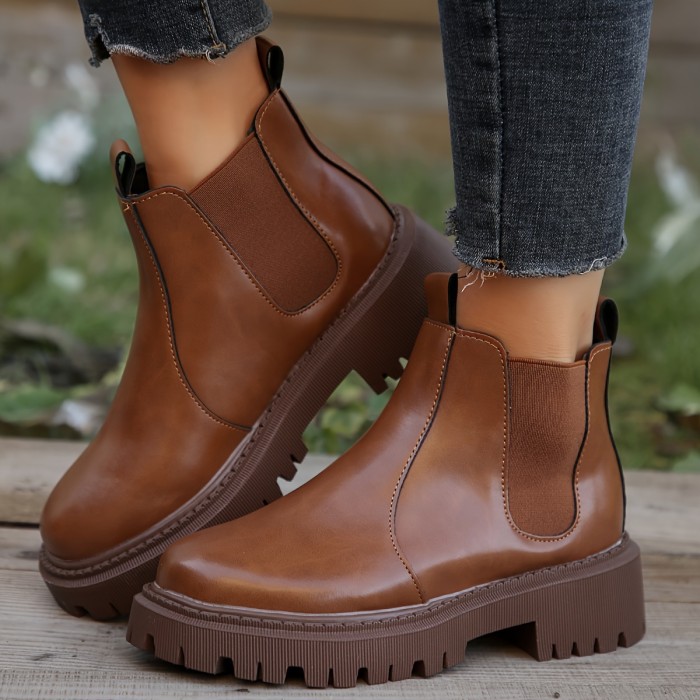 Women's Solid Color Platform Short Boots, Fashion Stretch Fabric Sided Boots, Comfortable Ankle Boots