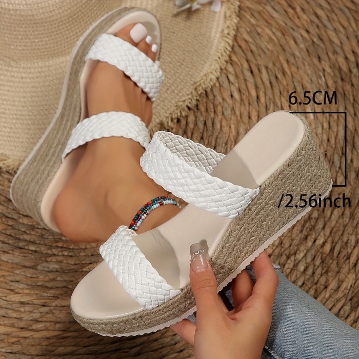Women's Braided Wedge Sandals, Double Band Open Toe Slip On Espadrille Shoes, Casual Outdoor Summer Vacation Slide Sandals