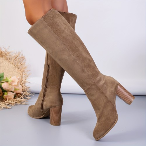 Women's Solid Color Trendy Boots, Side Zipper Casual Chunky Heel Minimalist Boots, Versatile Slim Casual Boots