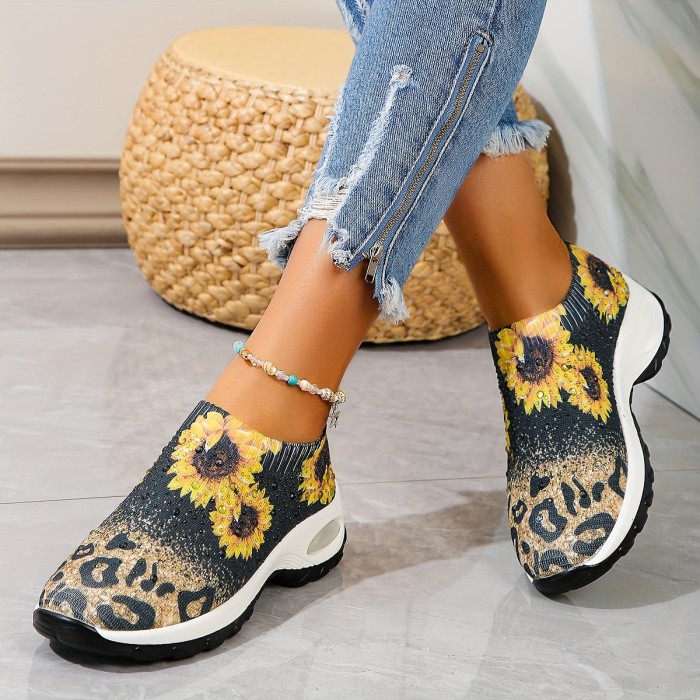 Women's Sunflower Pattern Sock Sneakers, Air Cushion Low Top Slip On Running Trainers, Casual Outdoor Walking Shoes