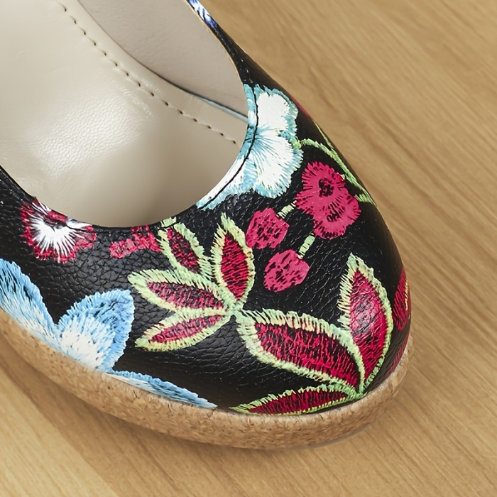 Women's Floral Print Wedge Heels, Retro Slip On Platform High Heels, All-Match Comfy Outdoor Pumps