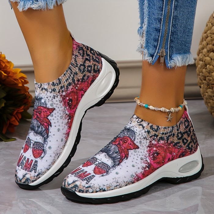 Women's Fashion Pattern Sock Sneakers, Stylish Air Cushion Elastic Slip On Running Trainers, Breathable Outdoor Walking Shoes