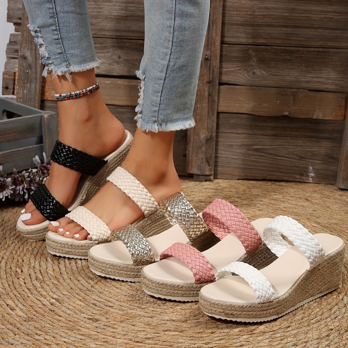 Women's Braided Wedge Sandals, Double Band Open Toe Slip On Espadrille Shoes, Casual Outdoor Summer Vacation Slide Sandals
