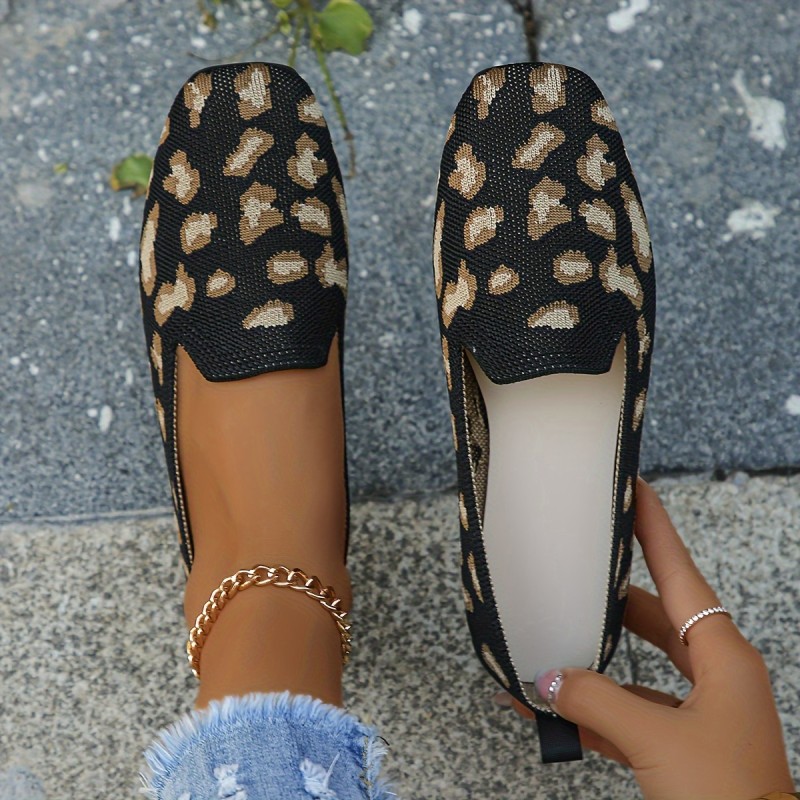 Women's Leopard Pattern Flat Shoes, Breathable Knit Slip On Shoes, Lightweight & Comfortable Shoes