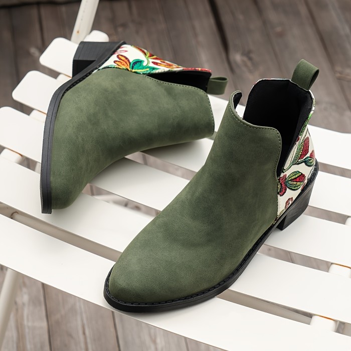Women's Flower Pattern Chunky Heel Boots, Casual Side Zipper Short Boots, Comfortable Ankle Boots