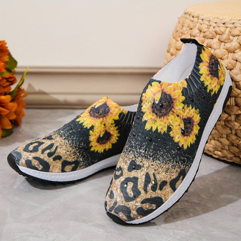 Women's Sunflower Pattern Sock Sneakers, Air Cushion Low Top Slip On Running Trainers, Casual Outdoor Walking Shoes