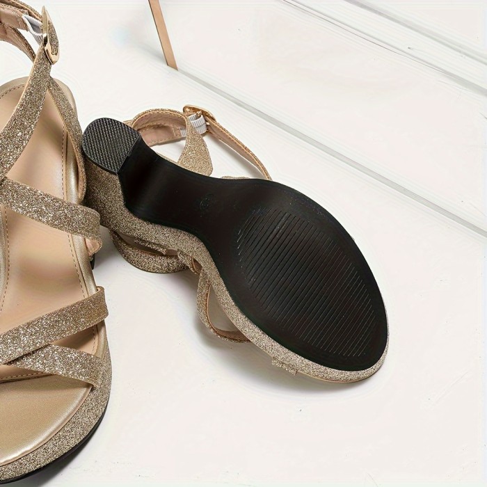 Women's Glitter Design Block Heeled Sandals, Fashion Open Toe Dress Pumps, Stylish Buckle Strap Heels