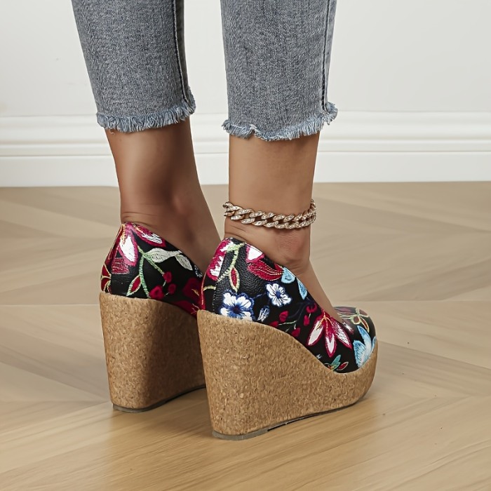 Women's Floral Print Wedge Heels, Retro Slip On Platform High Heels, All-Match Comfy Outdoor Pumps