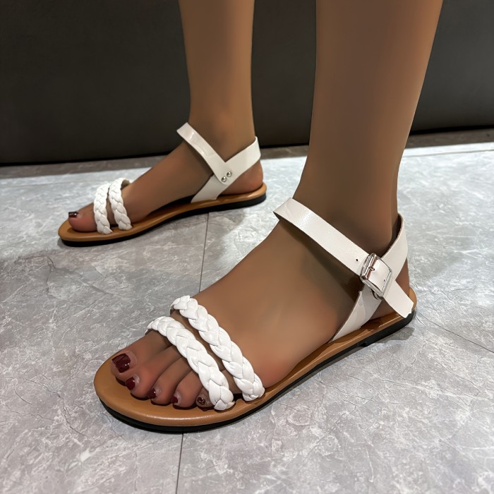 Women's Braided Flat Sandals, Casual Open Toe Summer Shoes, Lightweight Buckle Strap Sandals