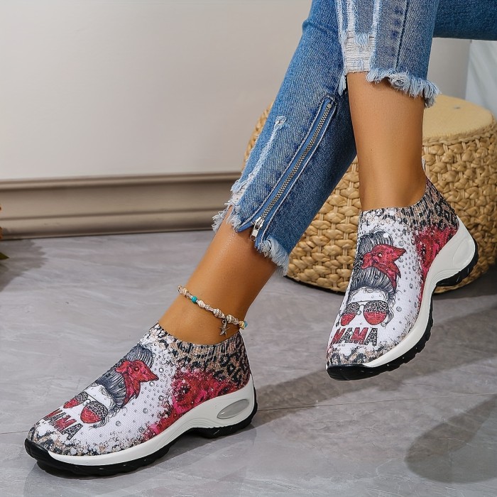 Women's Fashion Pattern Sock Sneakers, Stylish Air Cushion Elastic Slip On Running Trainers, Breathable Outdoor Walking Shoes