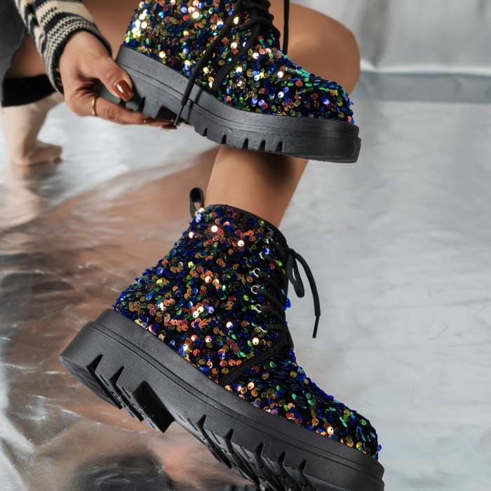 Women's Solid Color Glitter Boots, Lace Up Soft Sole Platform Sequins Decor Boots, Round Toe Dance Show Boots