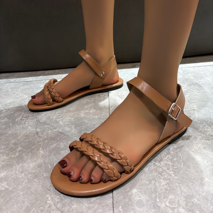 Women's Braided Flat Sandals, Casual Open Toe Summer Shoes, Lightweight Buckle Strap Sandals