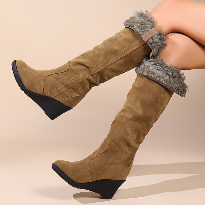 Women's Fluffy Furry Knee High Boots, Winter Warm Wedge Long Boots, Thermal Pull On Suedette Boots