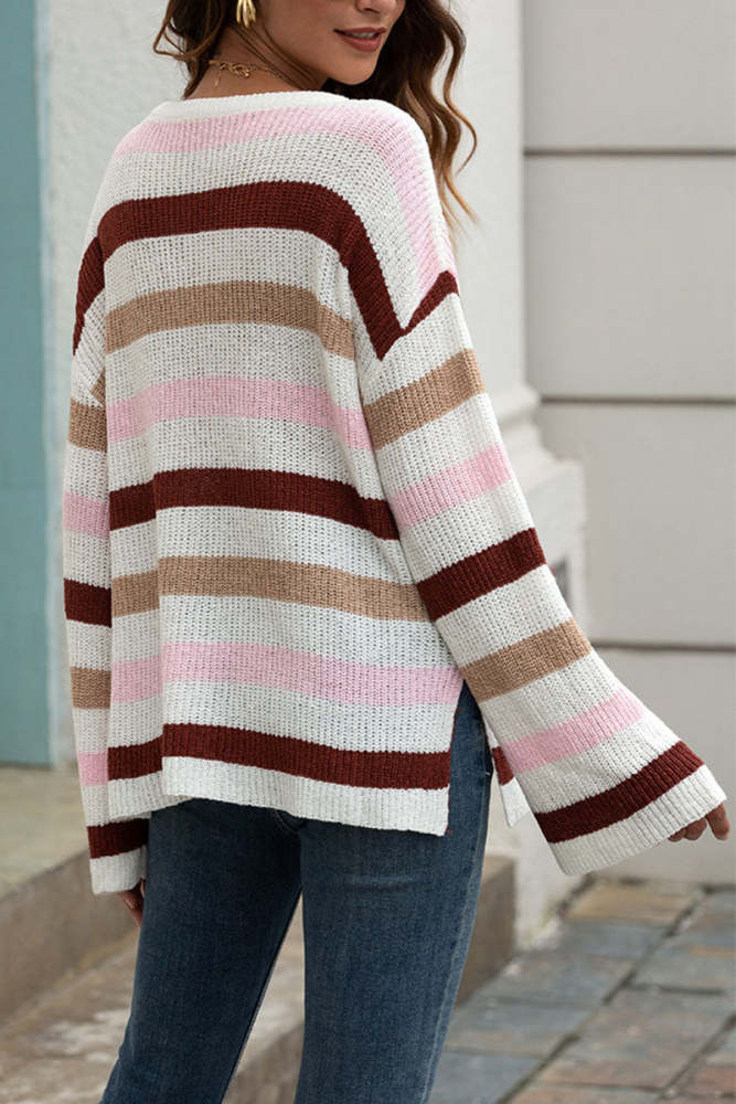 Fashion Casual Adult Striped Patchwork Patchwork Pullovers O Neck Tops