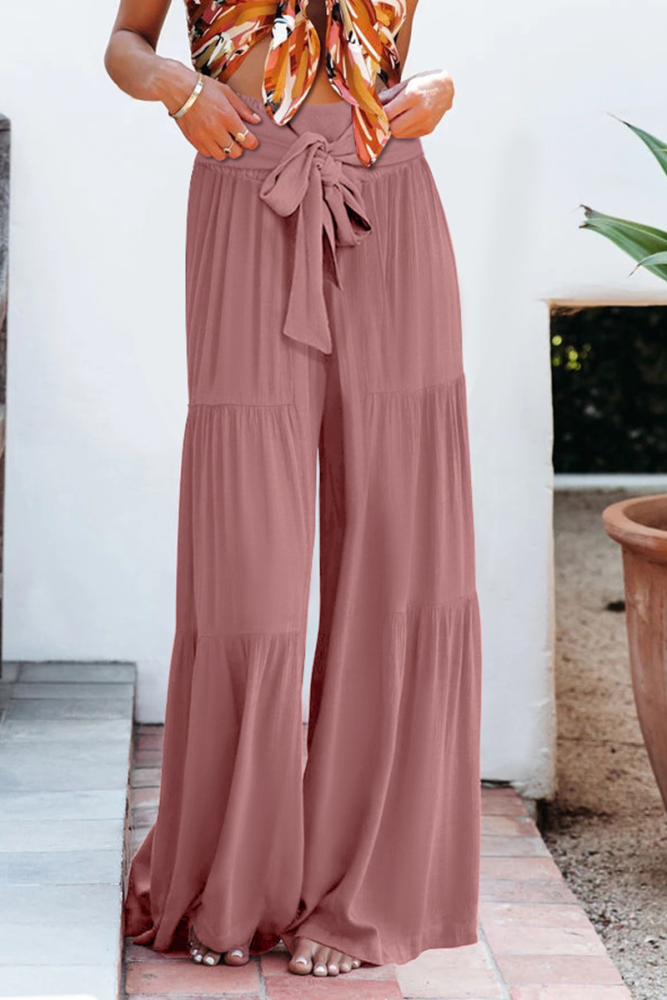 Casual Solid Bandage Loose High Waist Wide Leg Solid Color Bottoms
