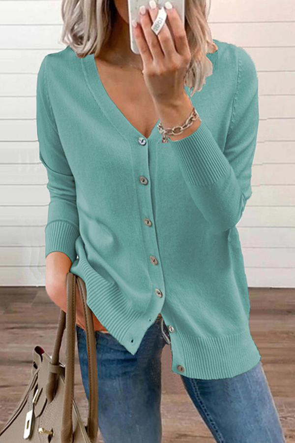 Casual Solid Patchwork Buckle V Neck Tops Sweater