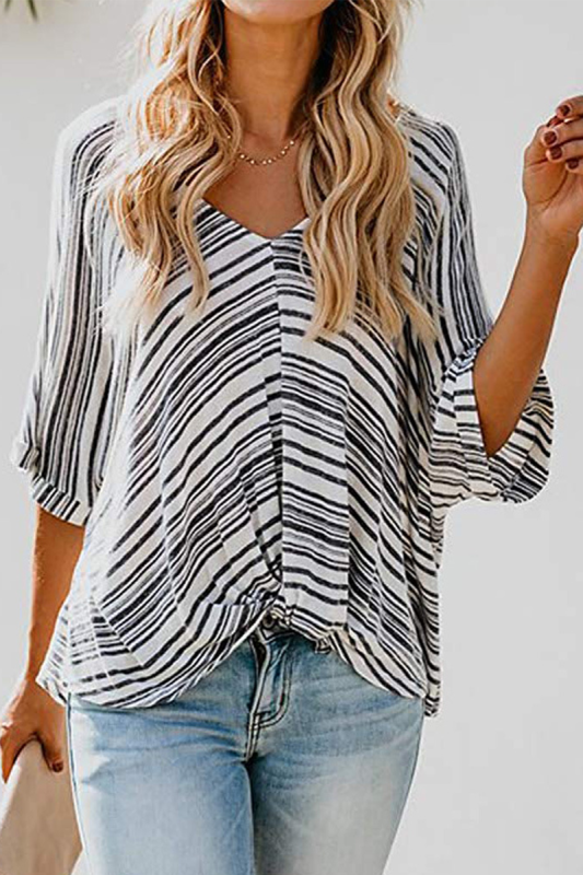 Casual Striped Patchwork V Neck T-Shirts