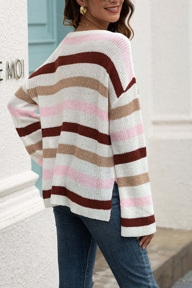 Fashion Casual Adult Striped Patchwork Patchwork Pullovers O Neck Tops