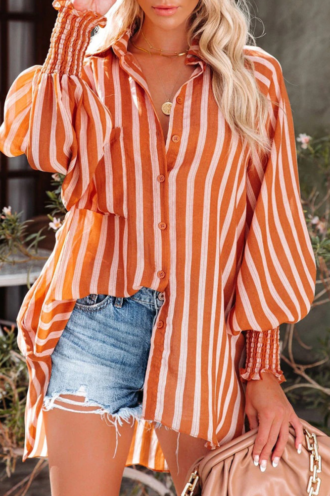 Casual Striped Patchwork Turndown Collar Tops