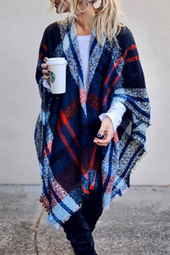 Casual Plaid Tassel Patchwork Outerwear