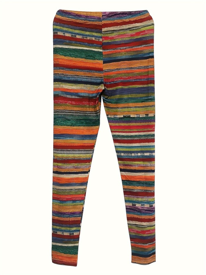 Colorful Striped Print Skinny Leggings, Casual Elastic Waist Stretchy Leggings, Women's Clothing
