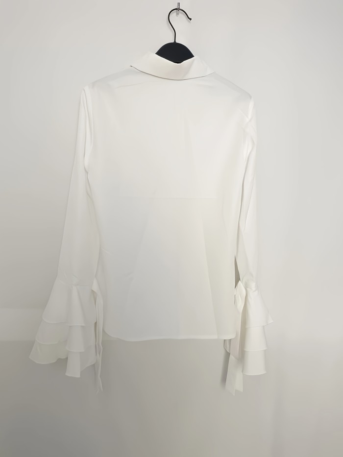 Solid Layered Flare Sleeve Blouse, Elegant Single Button Blouse For Spring & Fall, Women's Clothing