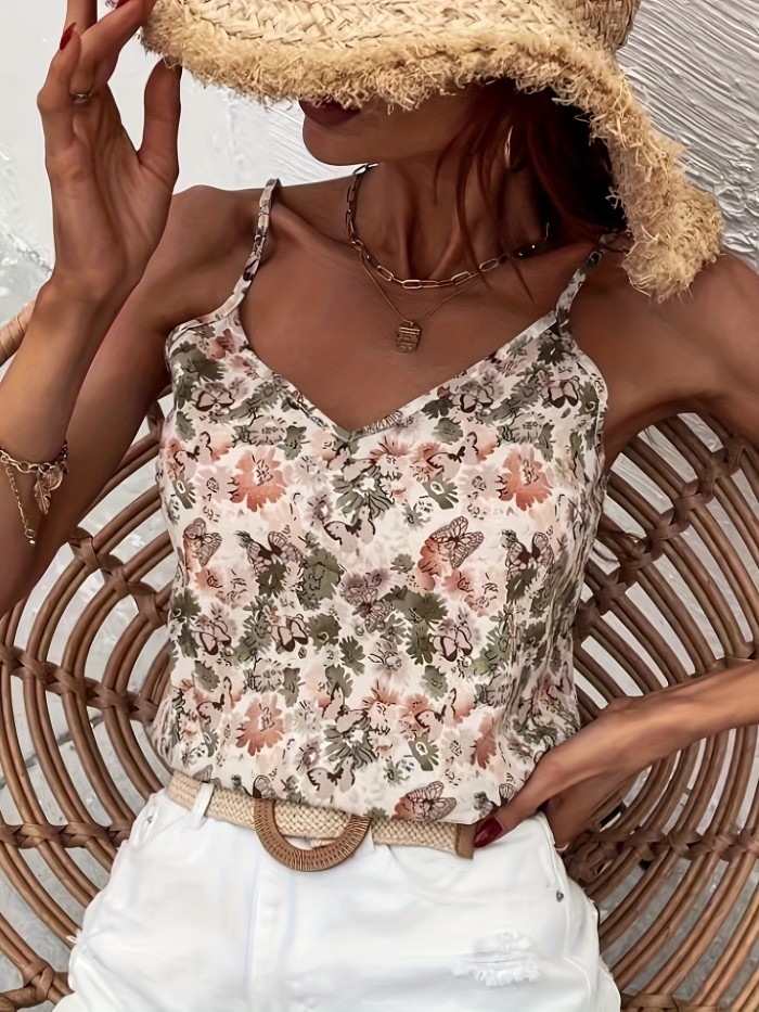 Butterfly & Floral Print Cami Top, Spaghetti Strap Sleeveless Vacation Top, Women's Clothing
