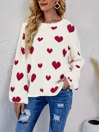 Heart Pattern Knitted Pullover Top, Cute Crew Neck Long Sleeve Sweater For Winter & Fall, Women's Clothing