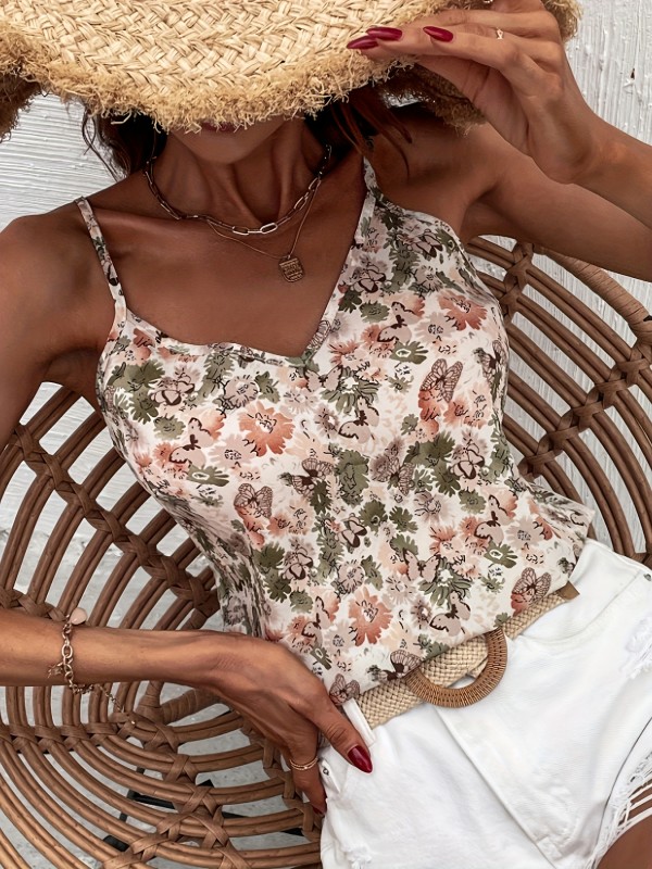 Butterfly & Floral Print Cami Top, Spaghetti Strap Sleeveless Vacation Top, Women's Clothing