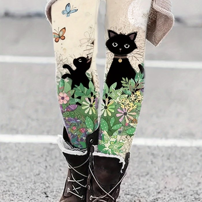 Cute Cat & Floral Print Skinny Leggings, Casual Elastic Waist Stretchy Leggings, Women's Clothing