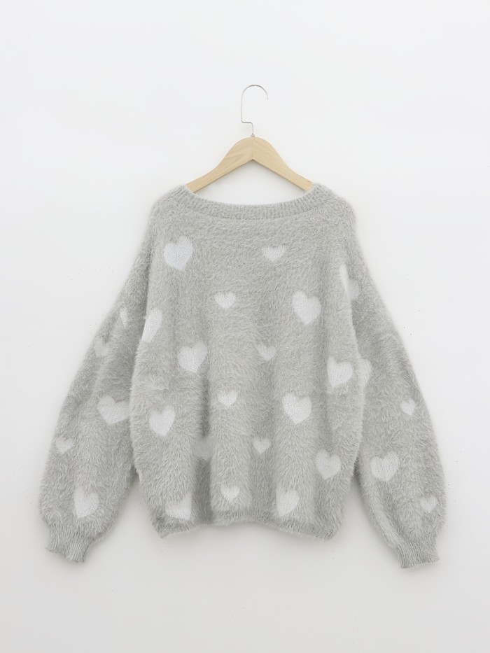 Heart Pattern Knitted Pullover Top, Cute Crew Neck Long Sleeve Sweater For Winter & Fall, Women's Clothing