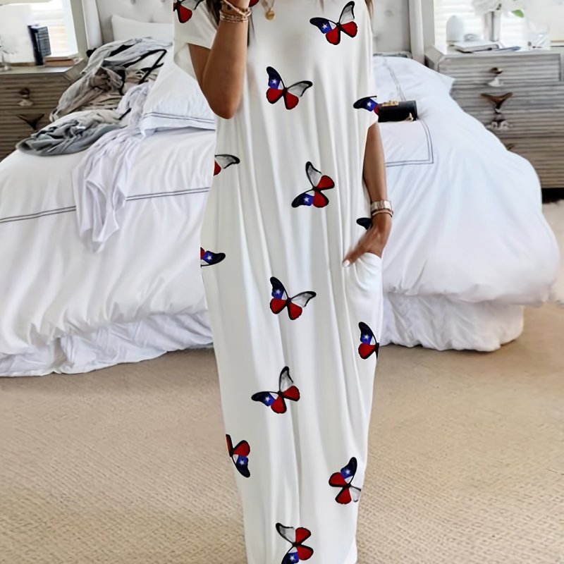 Plus Size Casual Dress, Women's Plus Flag Butterfly Print One Shoulder Short Sleeve Maxi Dress With Pockets