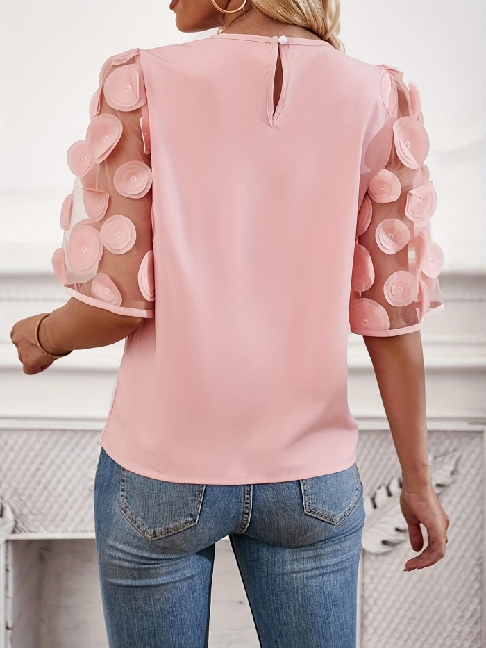 Solid Applique Crew Neck Top, Casual Short Sleeve T-Shirt For Spring & Summer, Women's Clothing