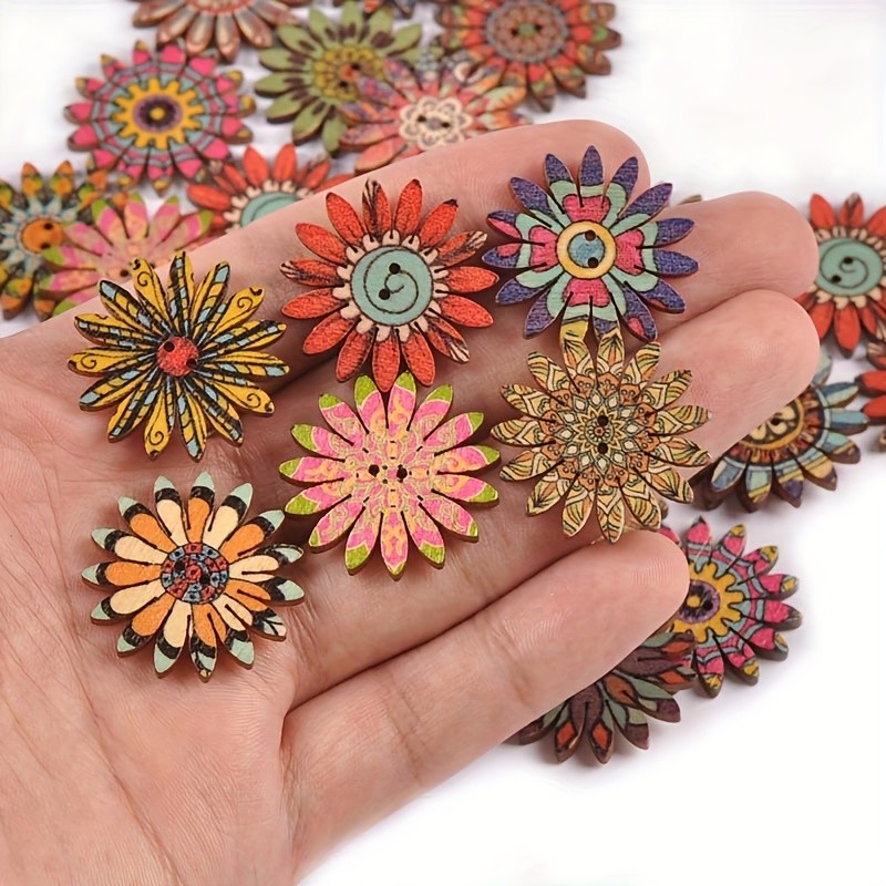 50pcs Boho Painted Flowers 2hole Wooden Buttons For DIY Sewing Scrapbook Gift Accessories Handwork Clothing Supplies Home Decor