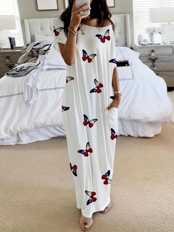 Plus Size Casual Dress, Women's Plus Flag Butterfly Print One Shoulder Short Sleeve Maxi Dress With Pockets