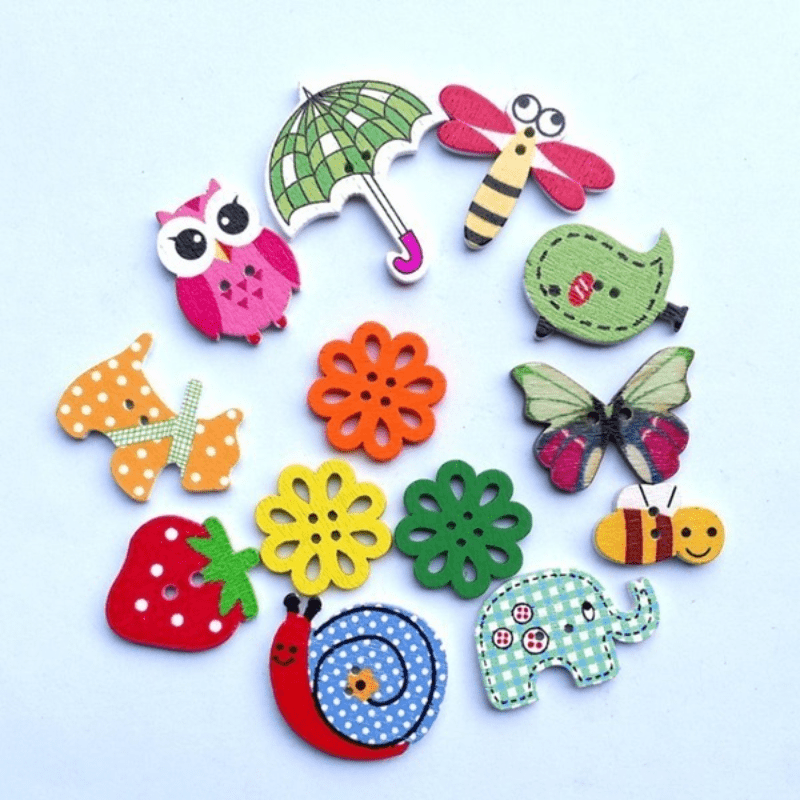 50pcs Mixed Wooden Cute Cartoon Animals 2 Holes Buttons For Sewing Craft Scrapbooking DIY Random Color