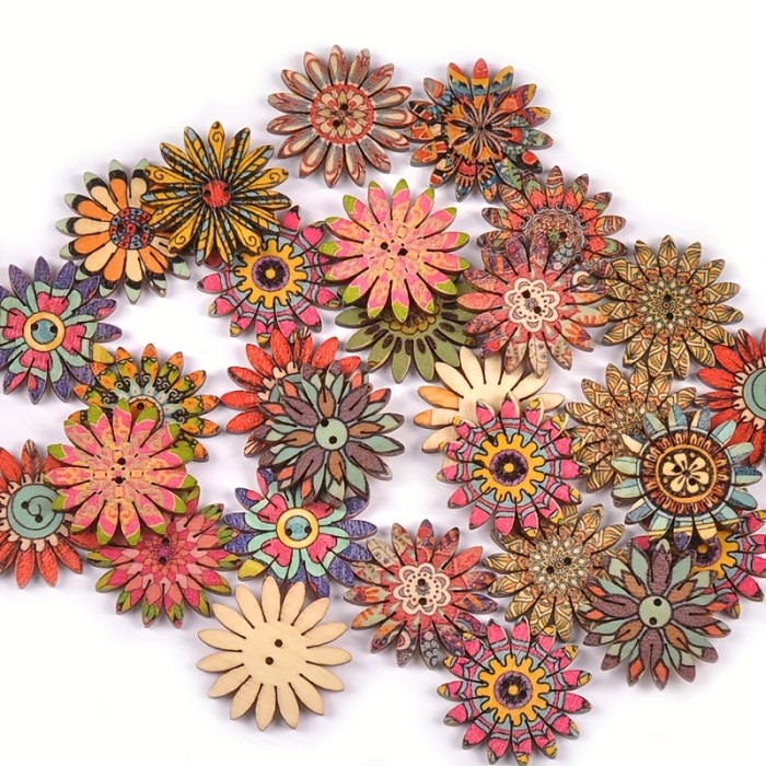 50pcs Boho Painted Flowers 2hole Wooden Buttons For DIY Sewing Scrapbook Gift Accessories Handwork Clothing Supplies Home Decor