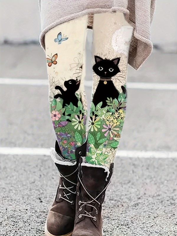 Cute Cat & Floral Print Skinny Leggings, Casual Elastic Waist Stretchy Leggings, Women's Clothing