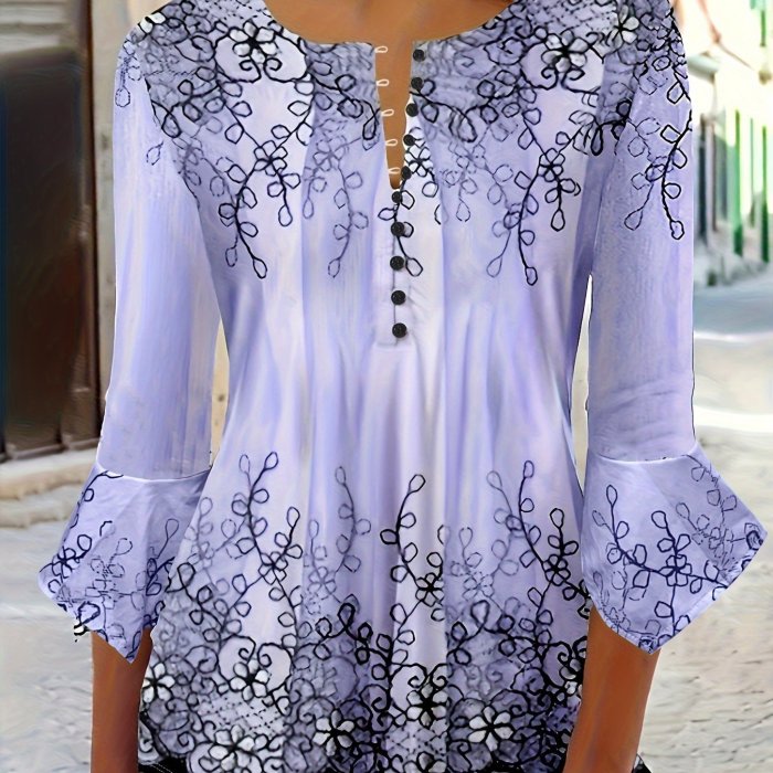 Floral Print Button Blouse, Casual Ruffle Trim Half Sleeve Blouse, Women's Clothing