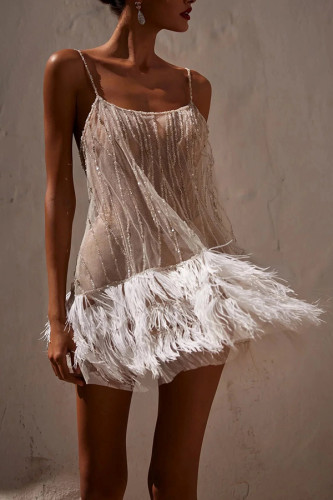 Lights Sequin Layered Feather Fringed Mesh Mini Dress