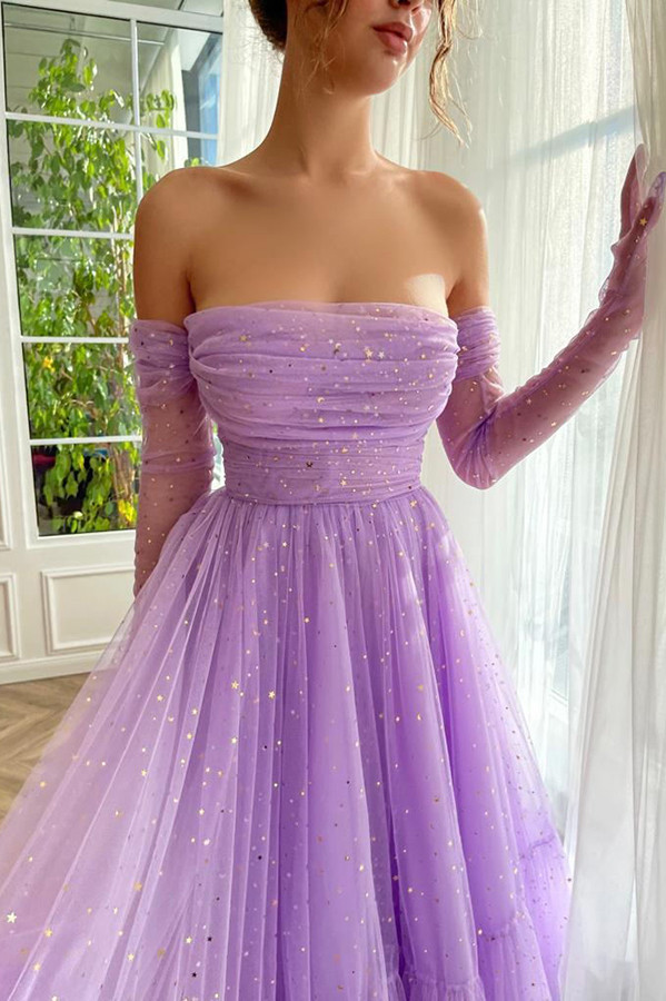 Romantic and Sweet Sequined Tulle Ruched Off Shoulder Layered Midi Dress