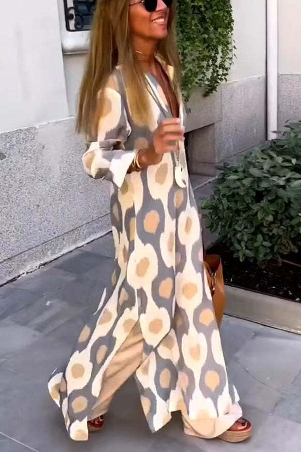 Abstract Leopard Print Long Sleeve Shirt Maxi Dress