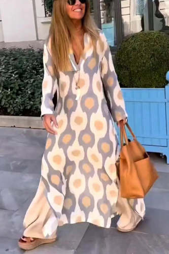 Abstract Leopard Print Long Sleeve Shirt Maxi Dress